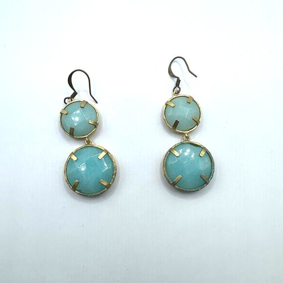 Unbranded Pierced Earrings Teal Green Gold Faceted Drop Dangle Summer Round - Picture 6 of 7